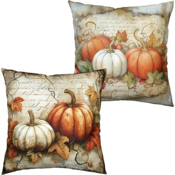 Thanksgiving Fall Pillow Covers Set of 2 18x18 Pumpkin Maple Leaves Outdoor Deco - Picture 1 of 8